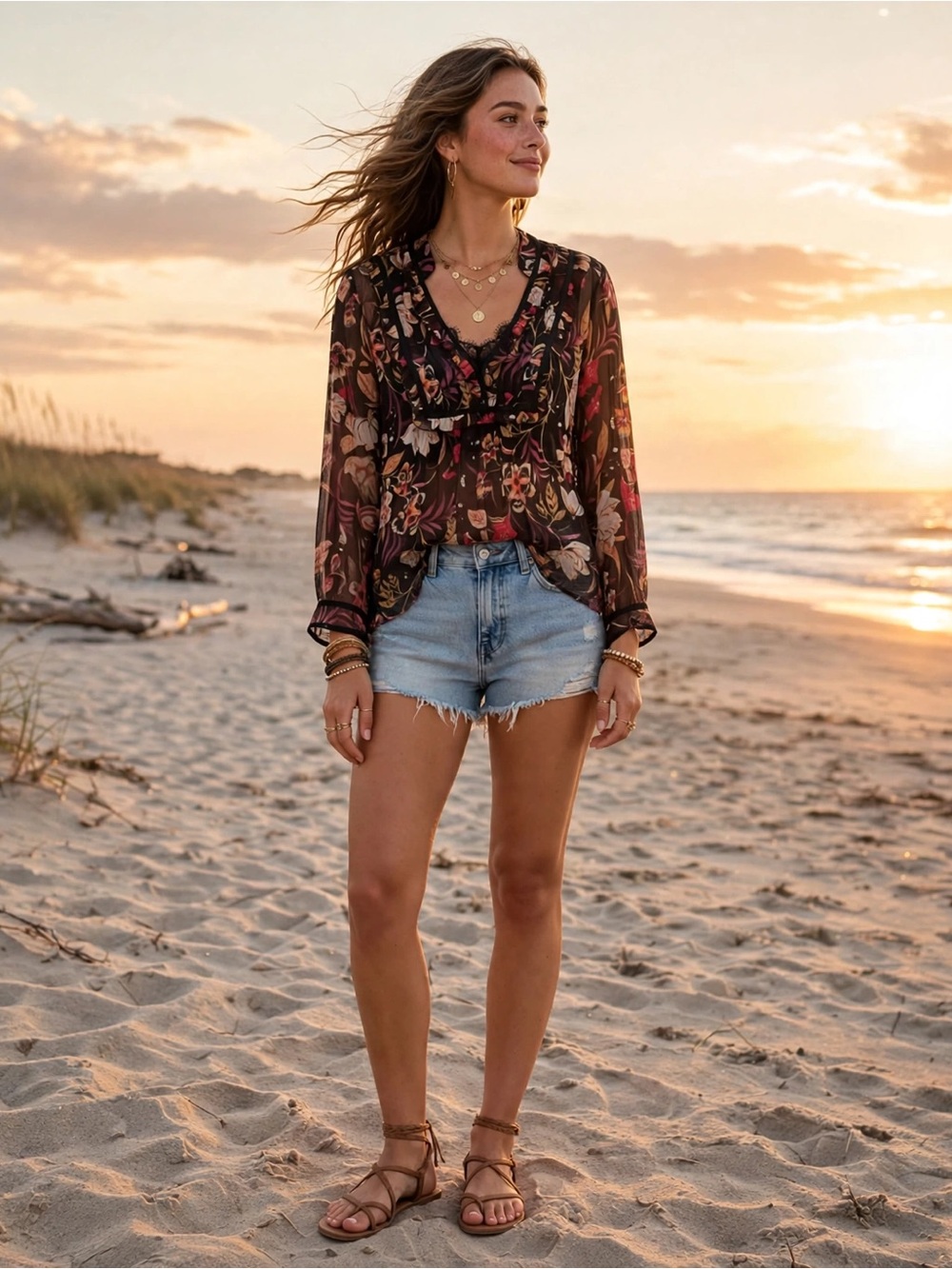 NWT Johnny Was L13120-9 Burrows Blouse MULTI Floral 100% Silk Sheer MSRP $220